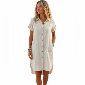 Zara Oversized Button Up Linen Shirt Dress Medium Light Beige Beach Tropical EUC